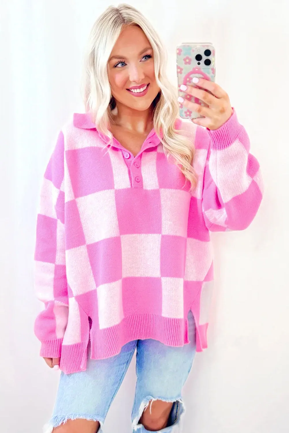 Pink Checkerboard Half Button Collared Drop Shoulder Sweater sold by eAura product image thumbnail 3