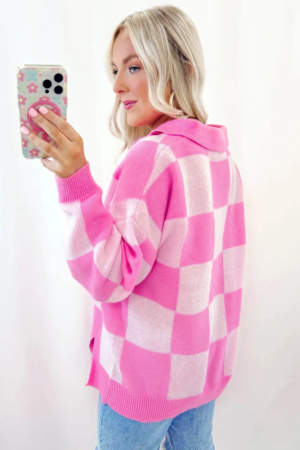 Pink Checkerboard Half Button Collared Drop Shoulder Sweater sold by eAura product image thumbnail 2
