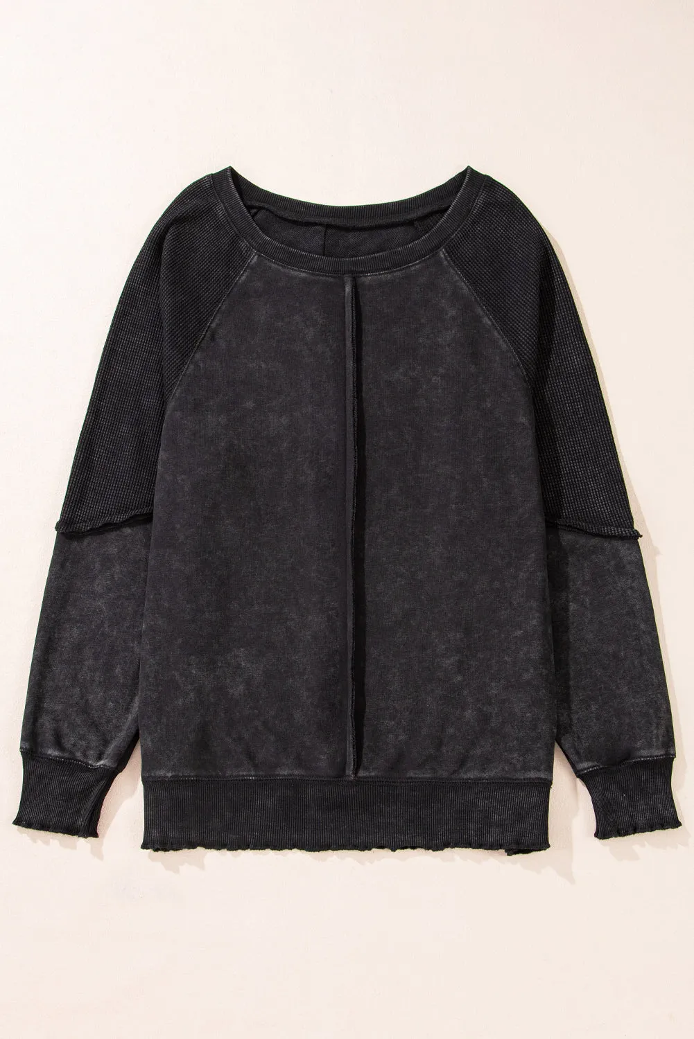 Black Solid Waffle Knit Patchwork Raglan Sleeve Sweatshirt sold by eAura product image thumbnail 3
