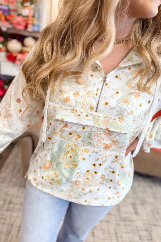 Yellow Floral Print Half Zip Hooded Long Sleeve Top sold by eAura