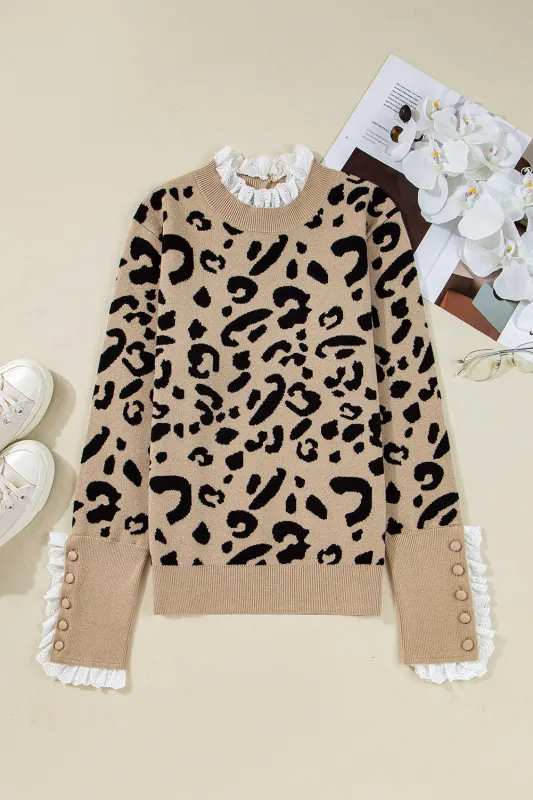 Brown Leopard Pattern Lace Ribbed Detail Button Cuffed Sweater sold by eAura
