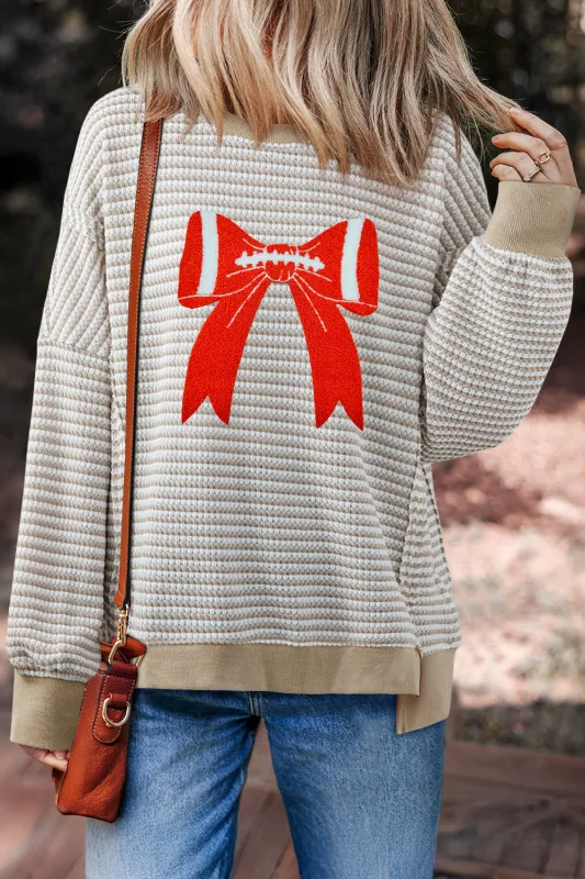 Striped Chenille Bow Patched Drop Shoulder Long Sleeve Top sold by eAura