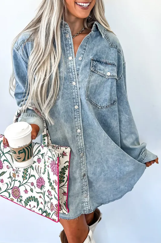 Chest Pocket Raw Hem Denim Baggy Shirt Dress sold by eAura