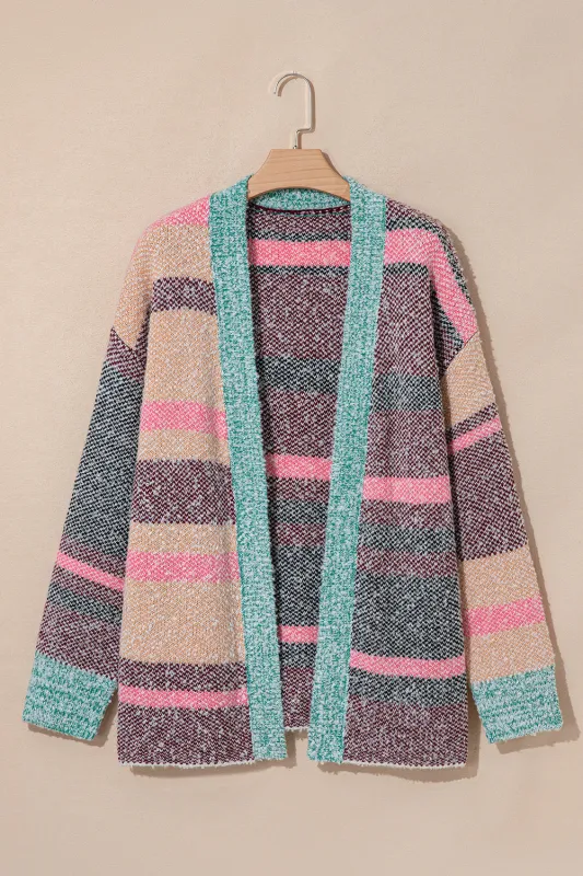 Multicolour Colour Block Striped Side Open Front Cardigan sold by eAura