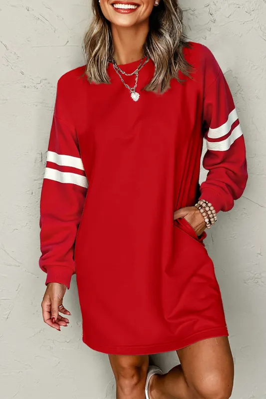 Varsity Contrast Banded Sleeve Shift Sweatshirt Dress sold by eAura
