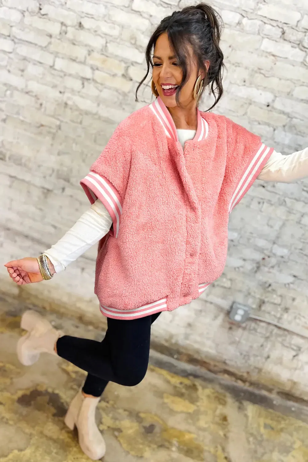 Gossamer Pink Varsity Striped Banding Patchwork Winter Plush Vest sold by eAura product image thumbnail 2