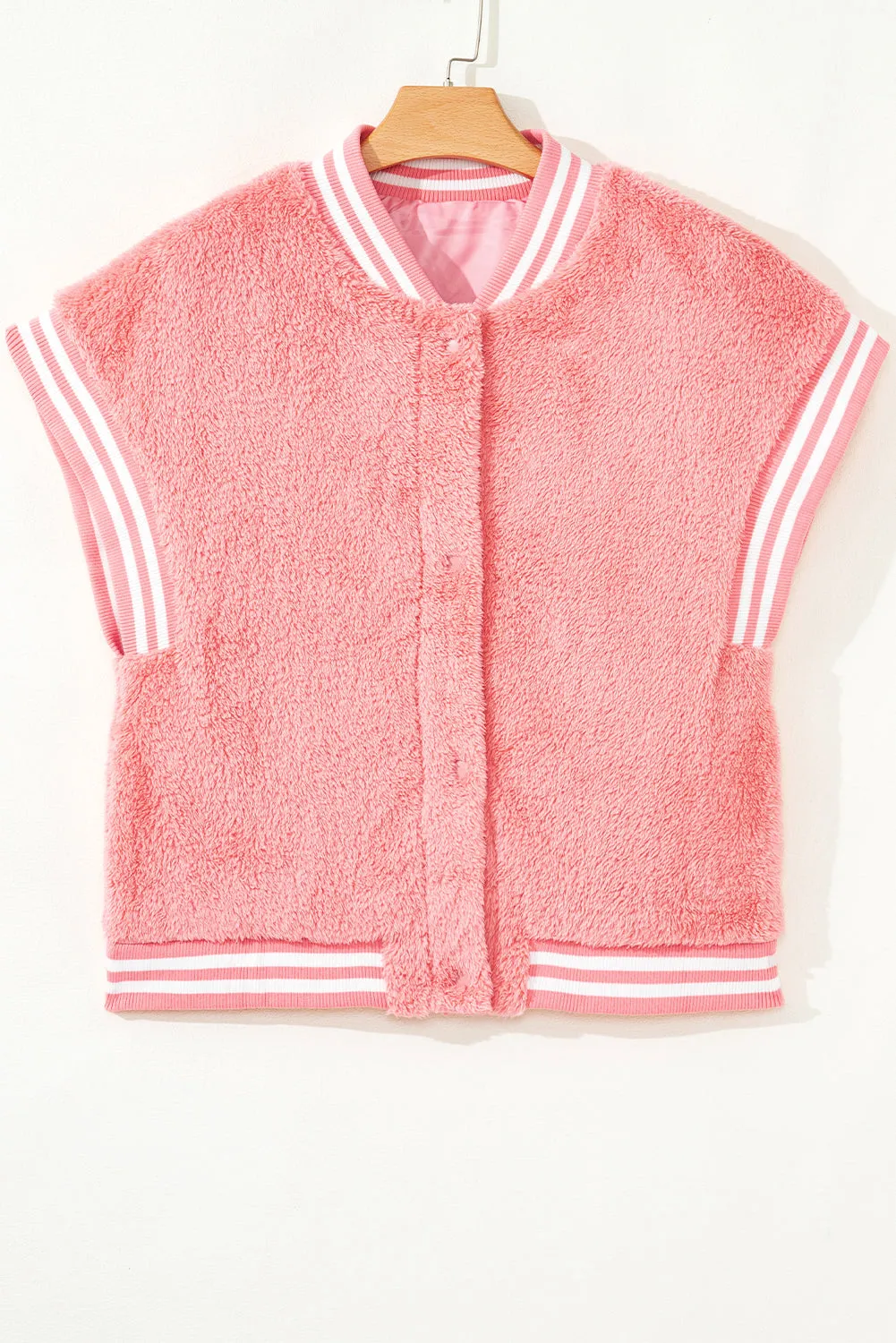 Gossamer Pink Varsity Striped Banding Patchwork Winter Plush Vest sold by eAura product image thumbnail 3