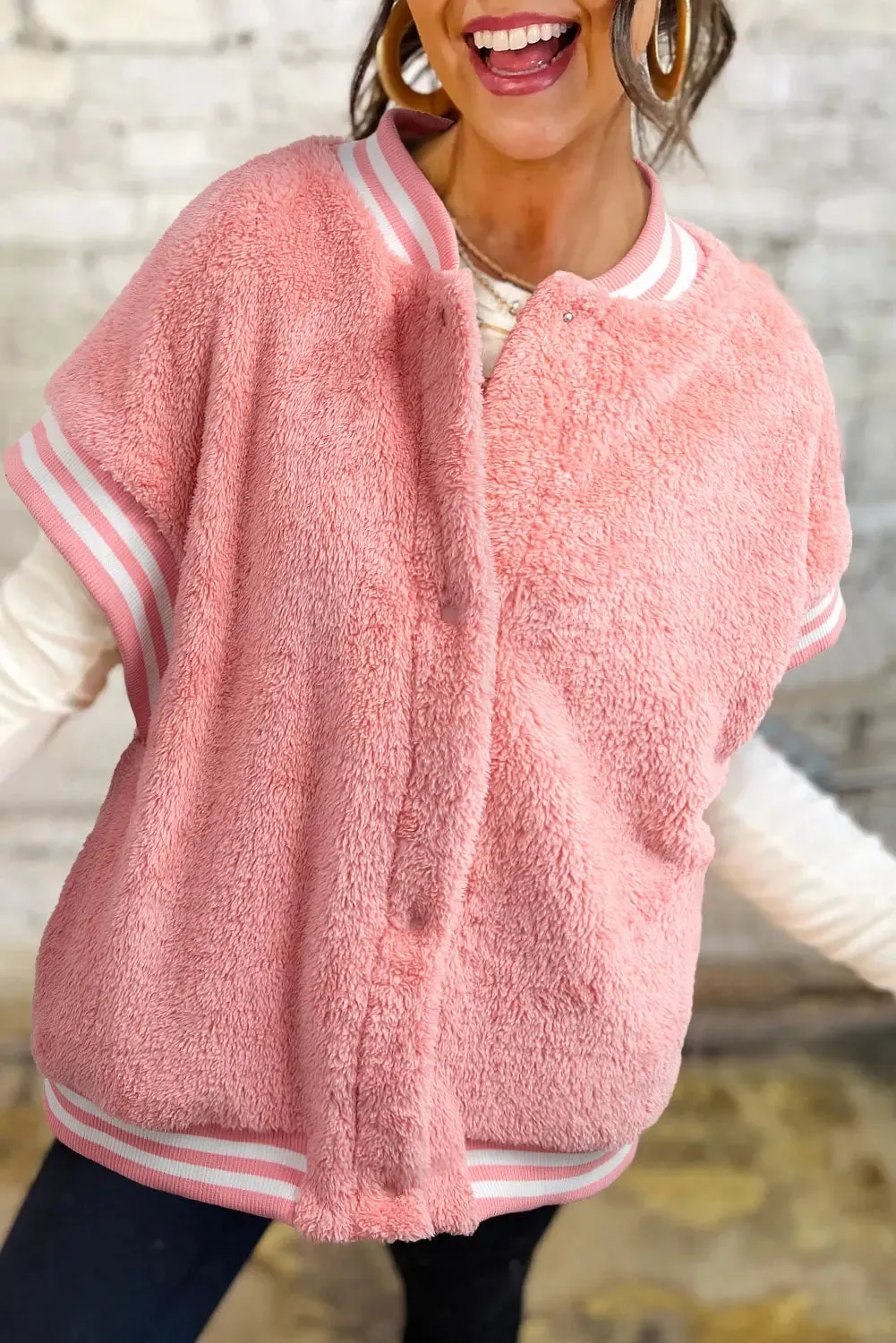 Gossamer Pink Varsity Striped Banding Patchwork Winter Plush Vest sold by eAura