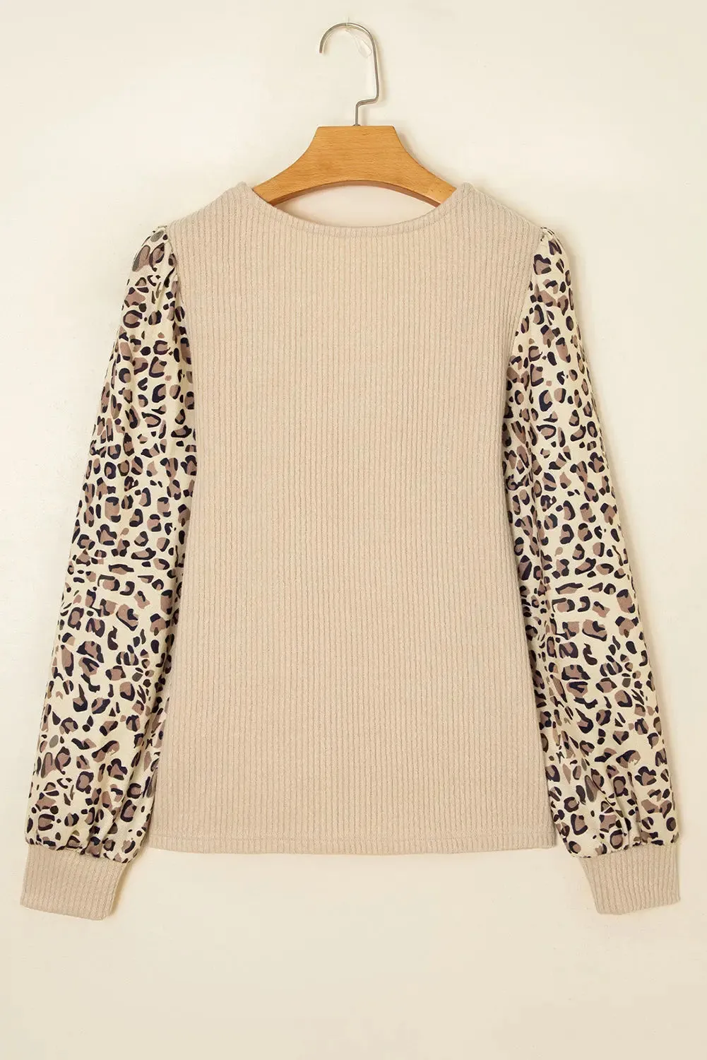 Apricot Leopard Sleeve Patchwork Ribbed Long Sleeve Top sold by eAura product image thumbnail 5