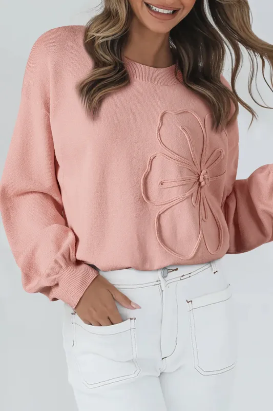 Peach Blossom Big Flower Accent Bubble Sleeve Drop Shoulder Sweater sold by eAura