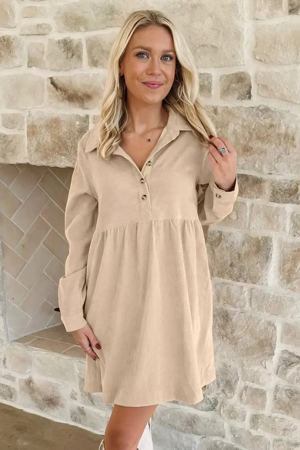 Soft Corduroy Half Button Collared Long Sleeve Mini Dress sold by eAura product image thumbnail 3