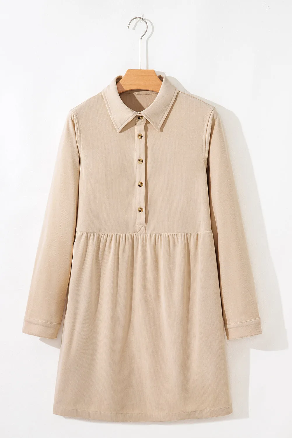 Soft Corduroy Half Button Collared Long Sleeve Mini Dress sold by eAura product image thumbnail 4