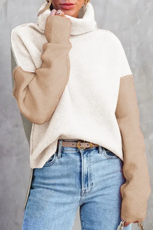 Colour Block Turtle Neck Drop Shoulder Knit Sweater sold by eAura
