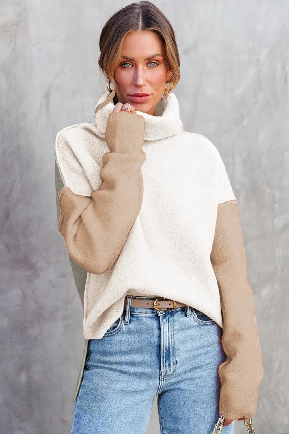 Colour Block Turtle Neck Drop Shoulder Knit Sweater sold by eAura product image thumbnail 3