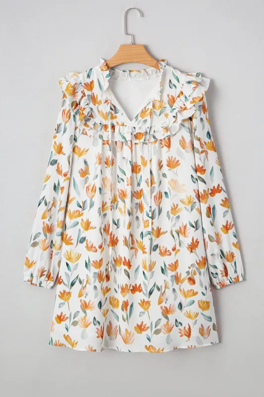 Yellow Floral Print Tie Neck Frilled Detail Long Sleeve Mini Dress sold by eAura