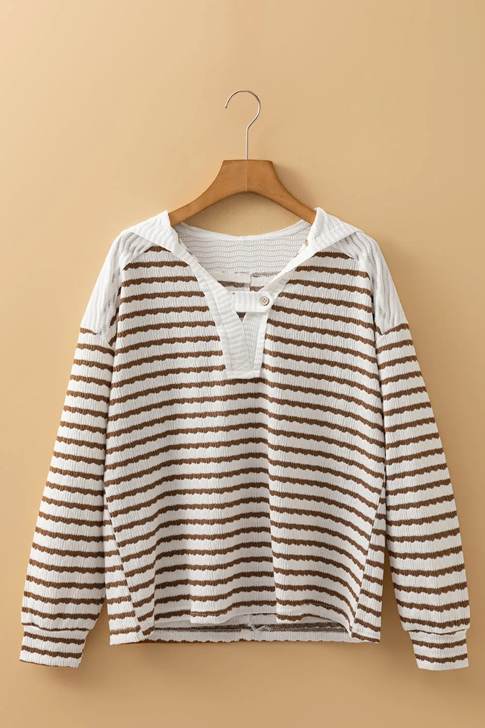 Striped Textured Hooded V-Neck Top sold by eAura
