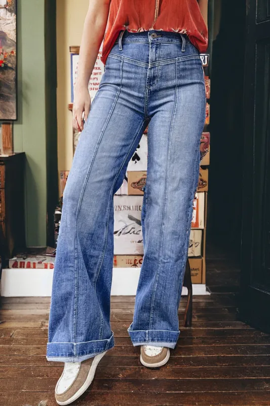 Beau Blue Tailored Center Seam Detail Straight Loose High Rise Jeans sold by eAura