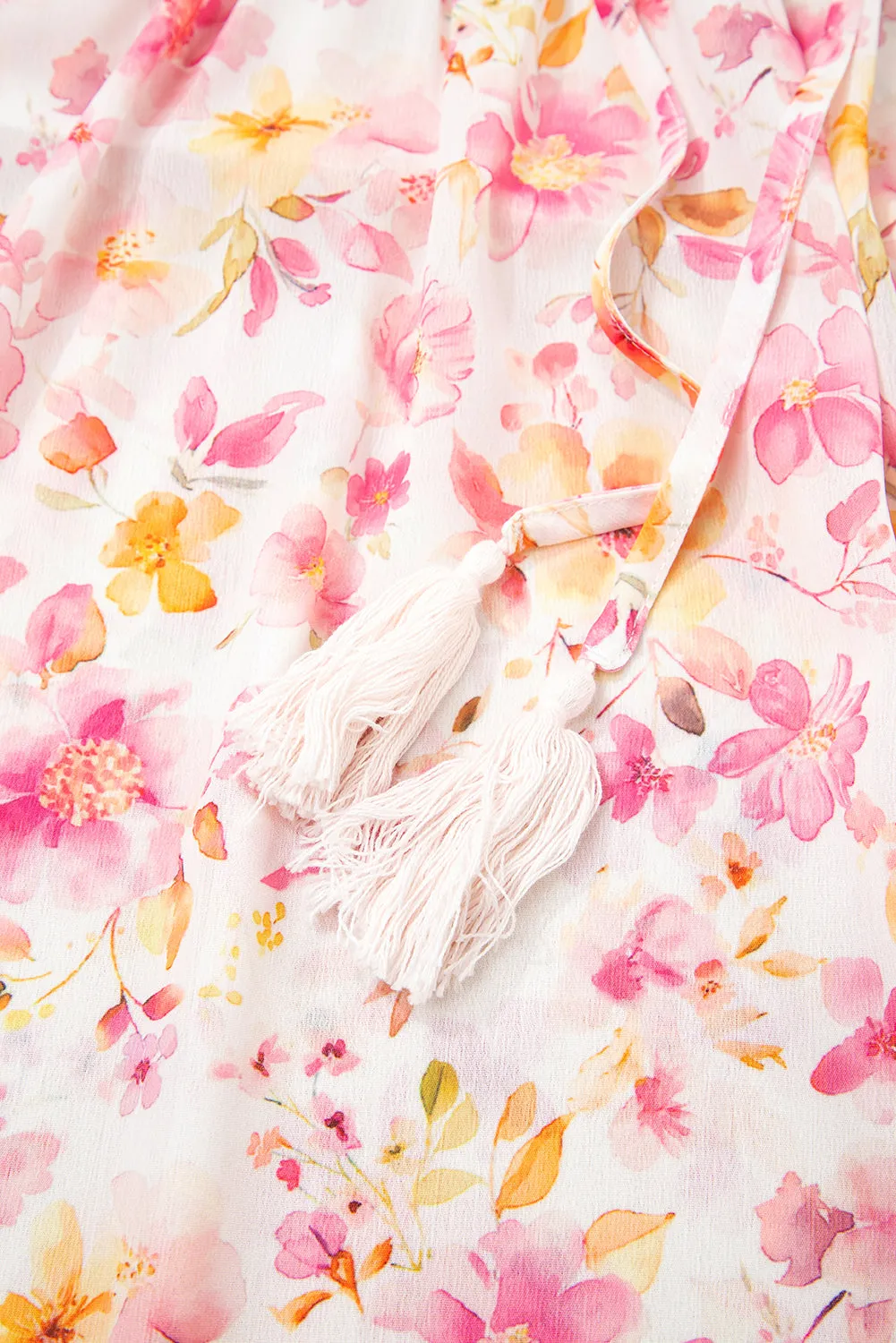 Pink Floral Print Tassel Tie Smocked V Neck Puff Sleeve Tunic Blouse sold by eAura product image thumbnail 4