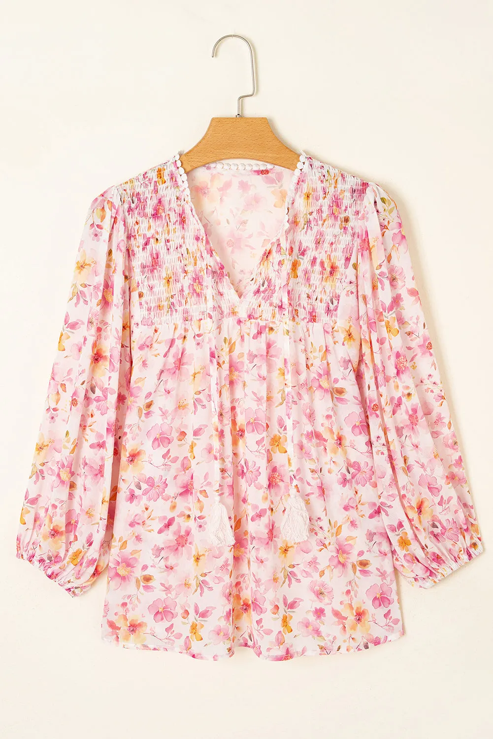 Pink Floral Print Tassel Tie Smocked V Neck Puff Sleeve Tunic Blouse sold by eAura