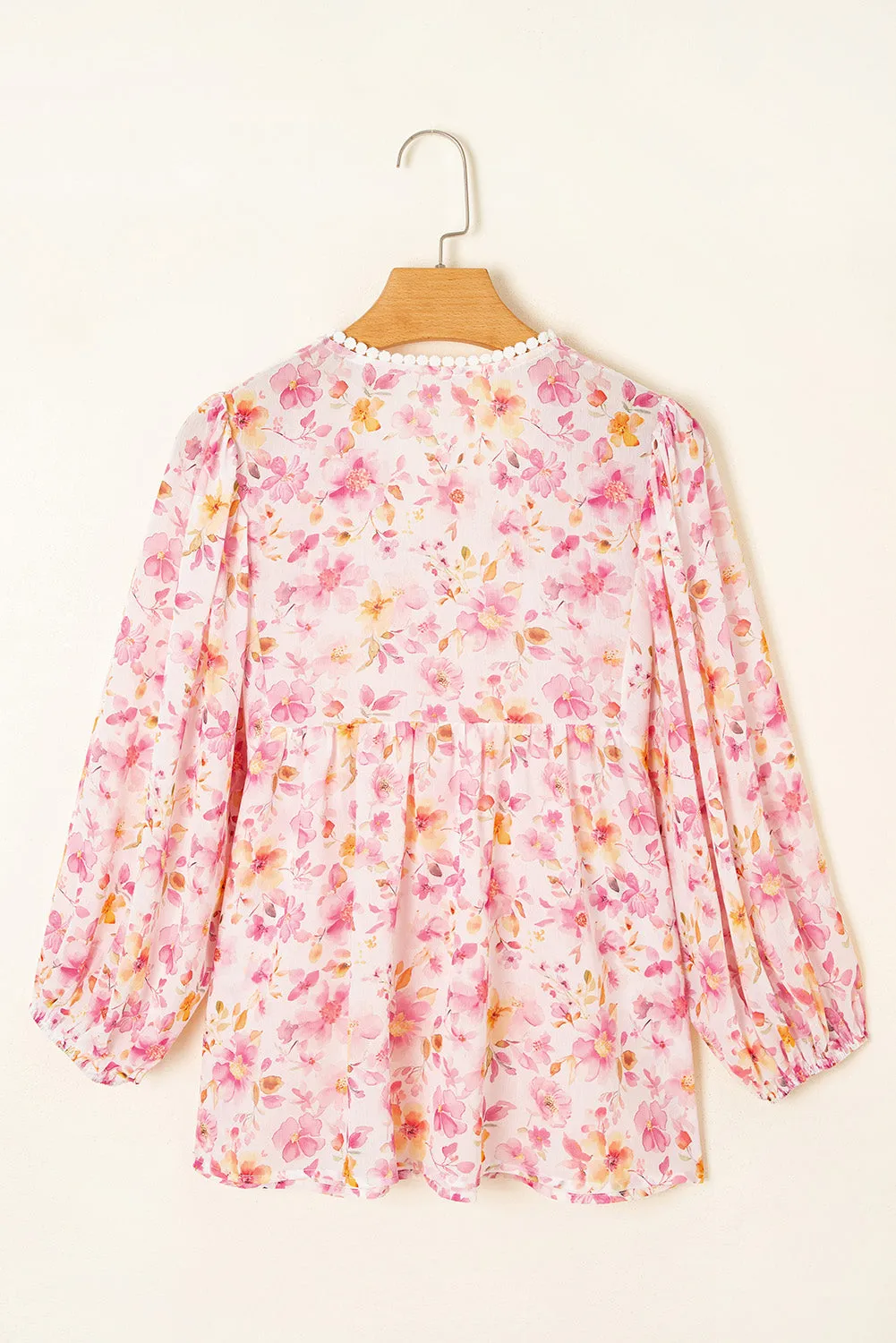 Pink Floral Print Tassel Tie Smocked V Neck Puff Sleeve Tunic Blouse sold by eAura product image thumbnail 2