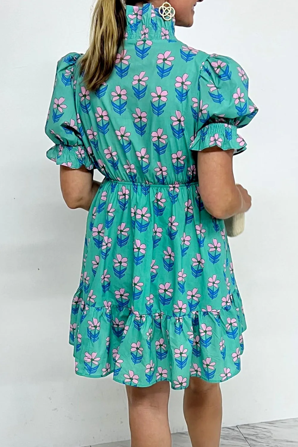 Green Floral Print Frilly Smocked Detail Mini Dress sold by eAura product image thumbnail 4