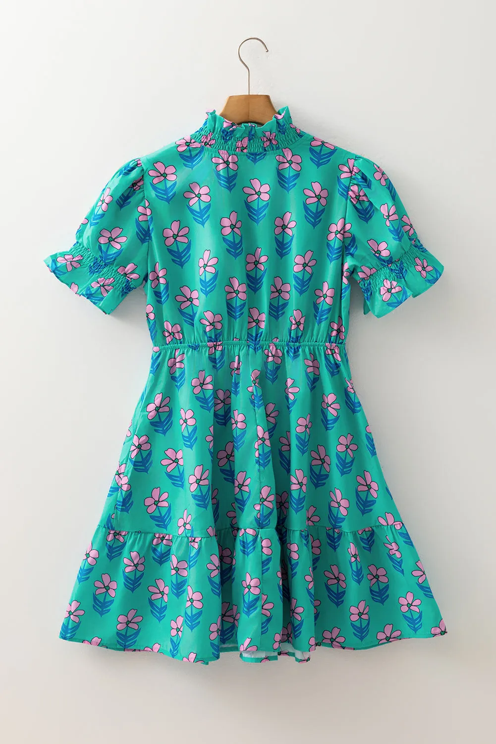 Green Floral Print Frilly Smocked Detail Mini Dress sold by eAura product image thumbnail 2