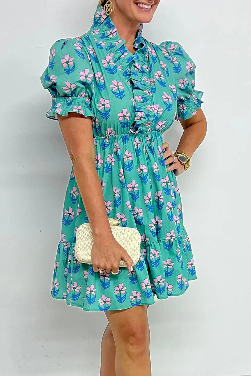 Green Floral Print Frilly Smocked Detail Mini Dress sold by eAura product image thumbnail 3