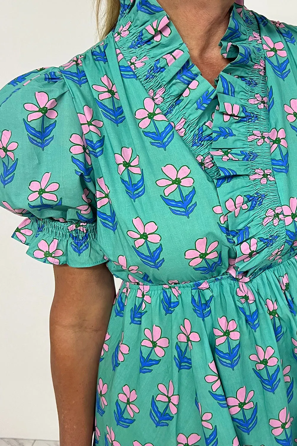 Green Floral Print Frilly Smocked Detail Mini Dress sold by eAura product image thumbnail 5