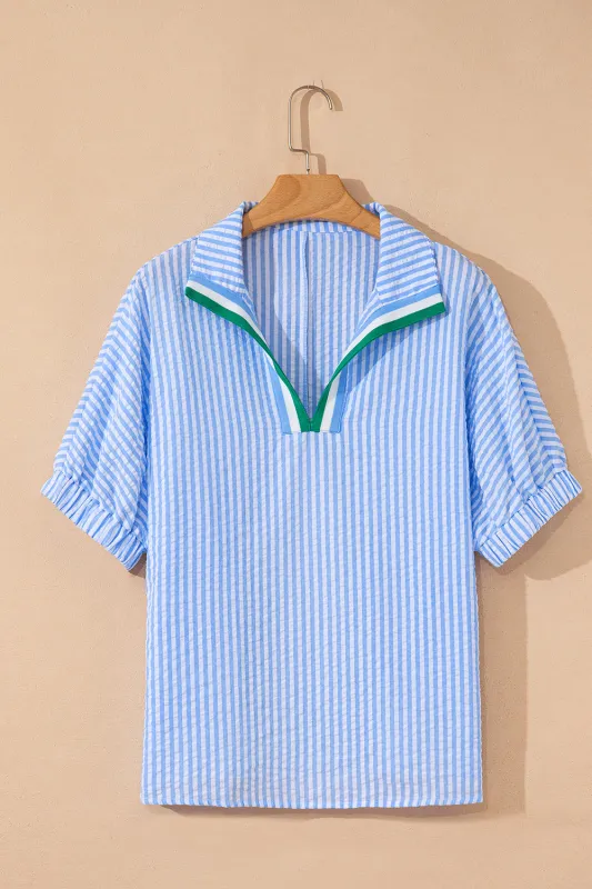 Striped Print Contrast Split Neck Dolman Sleeve Blouse sold by eAura