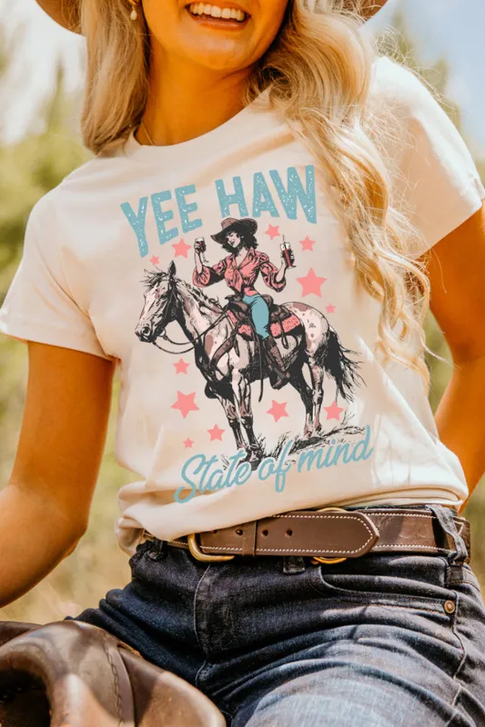 White YEE HAW State of mind Cowgirl Graphic Western Fashion Tee sold by eAura