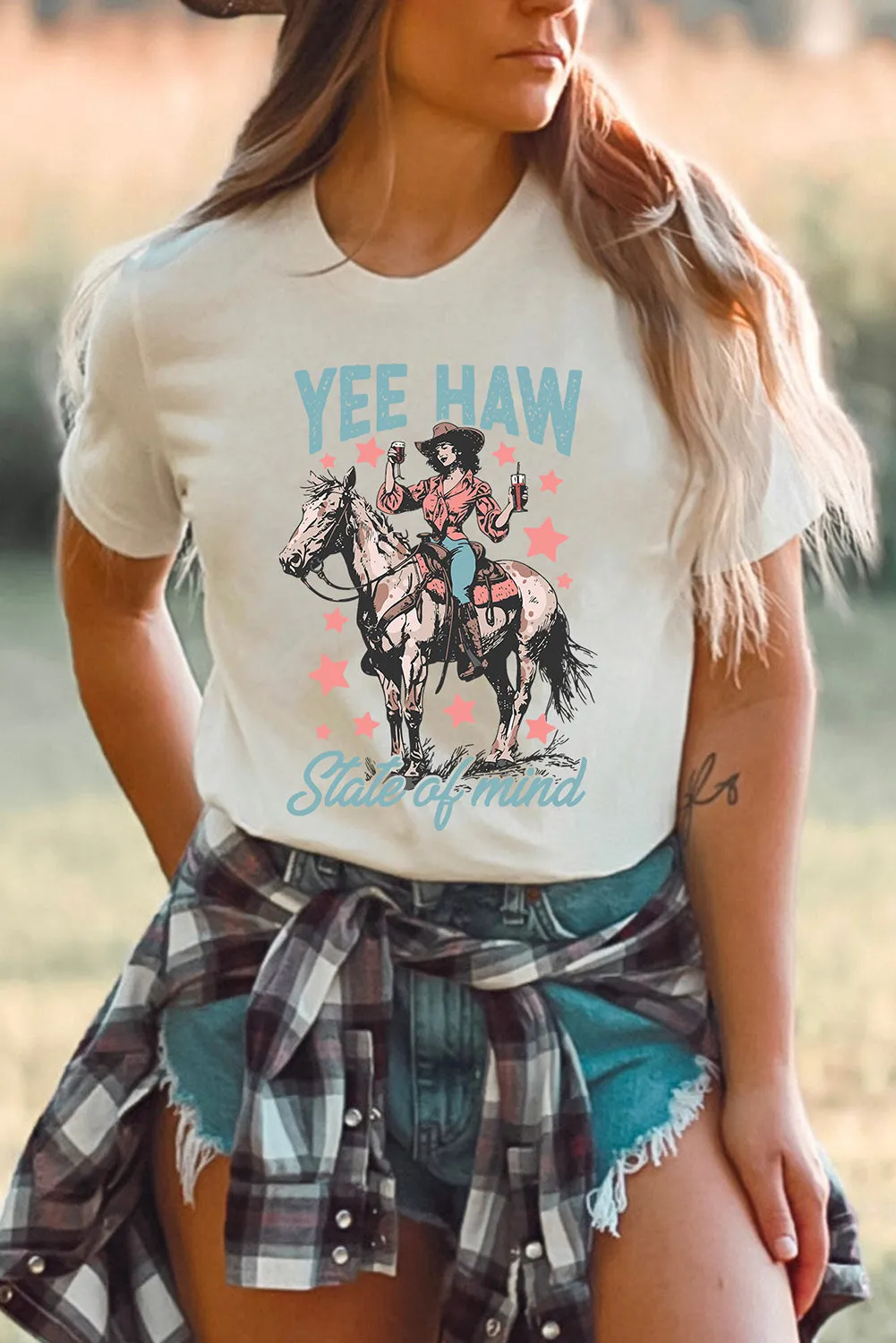 White YEE HAW State of mind Cowgirl Graphic Western Fashion Tee sold by eAura product image thumbnail 3