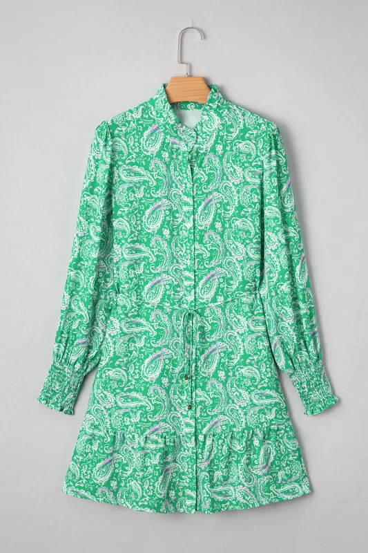 Green Paisley Print Long Sleeve Button Front Tied Waist Mini Dress sold by eAura