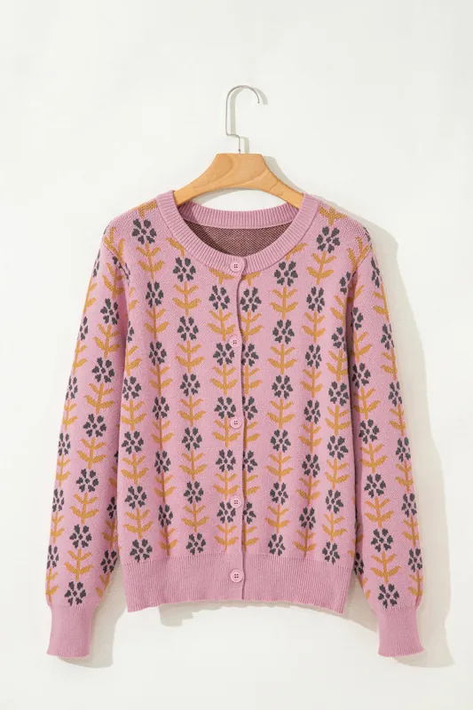 Pink Floral Button Down Ribbed Banded Cardigan Sweater sold by eAura