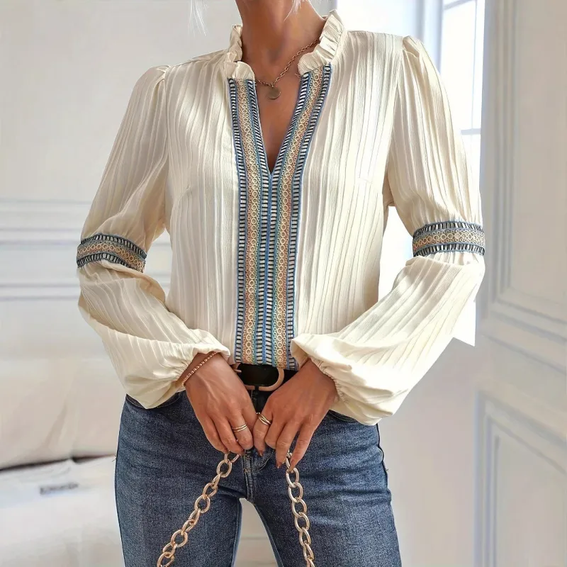 Lace Detail V-Neck Blouse Lantern Sleeve sold by eAura