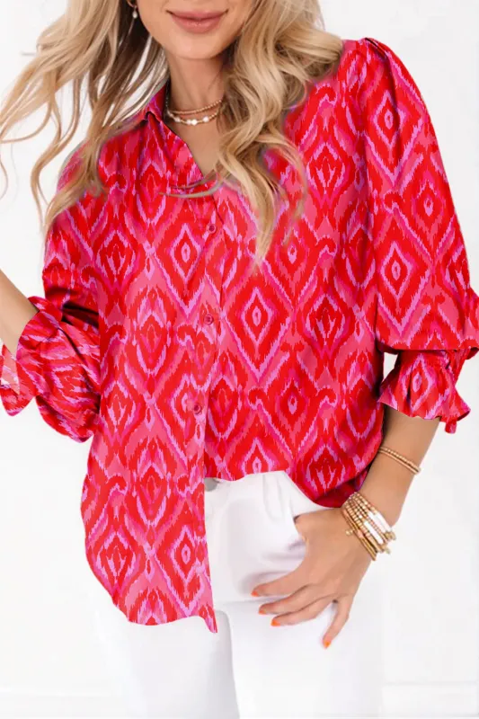 Pink Western Aztec Geometric Ruffled 3/4 Sleeve Shirt sold by eAura