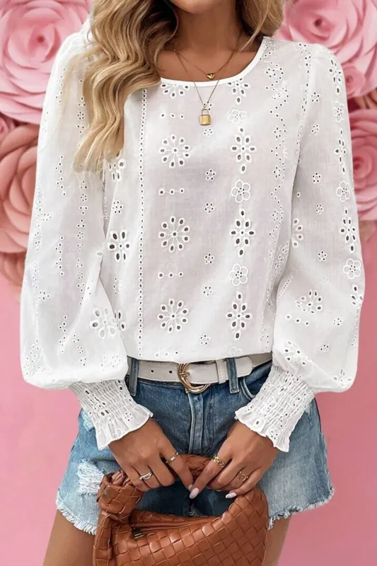 White Eyelet Embroidered Smocked Cuff Sheer Blouse sold by eAura