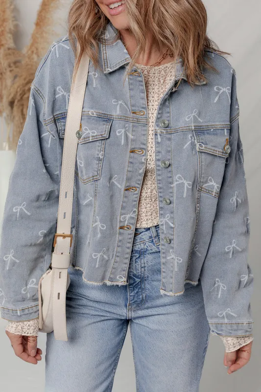 Sky Blue Bow Knot Print Light Wash Raw Hem Denim Jacket sold by eAura