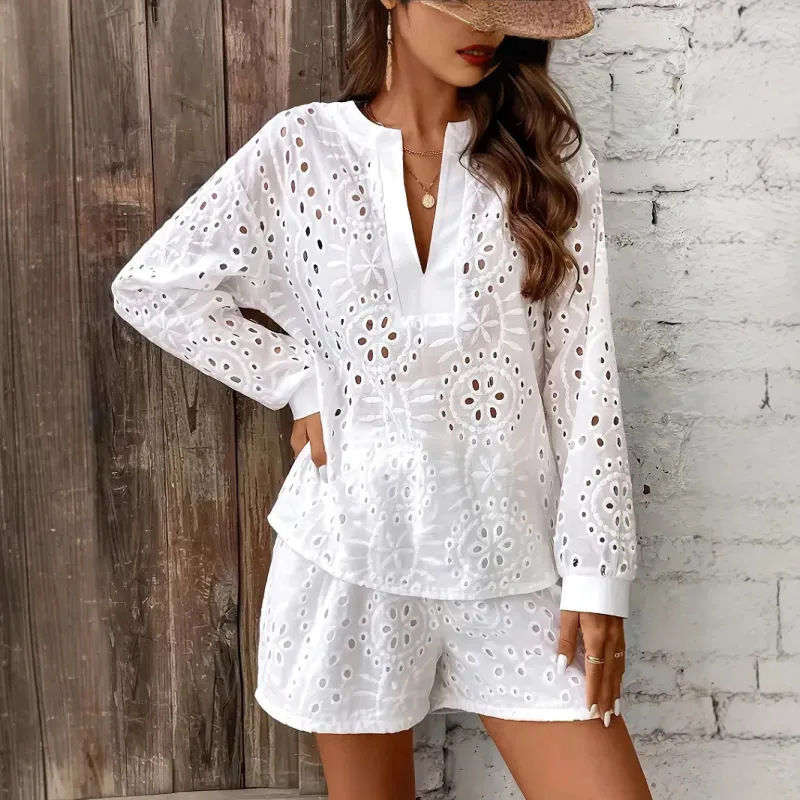Hollow Out Broderie Anglaise 2 Piece Co-ord Set Blouse and Shorts sold by eAura