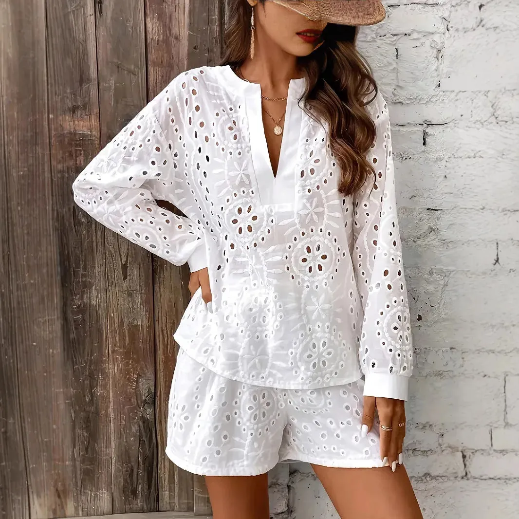 Hollow Out Broderie Anglaise 2 Piece Co-ord Set Blouse and Shorts sold by eAura