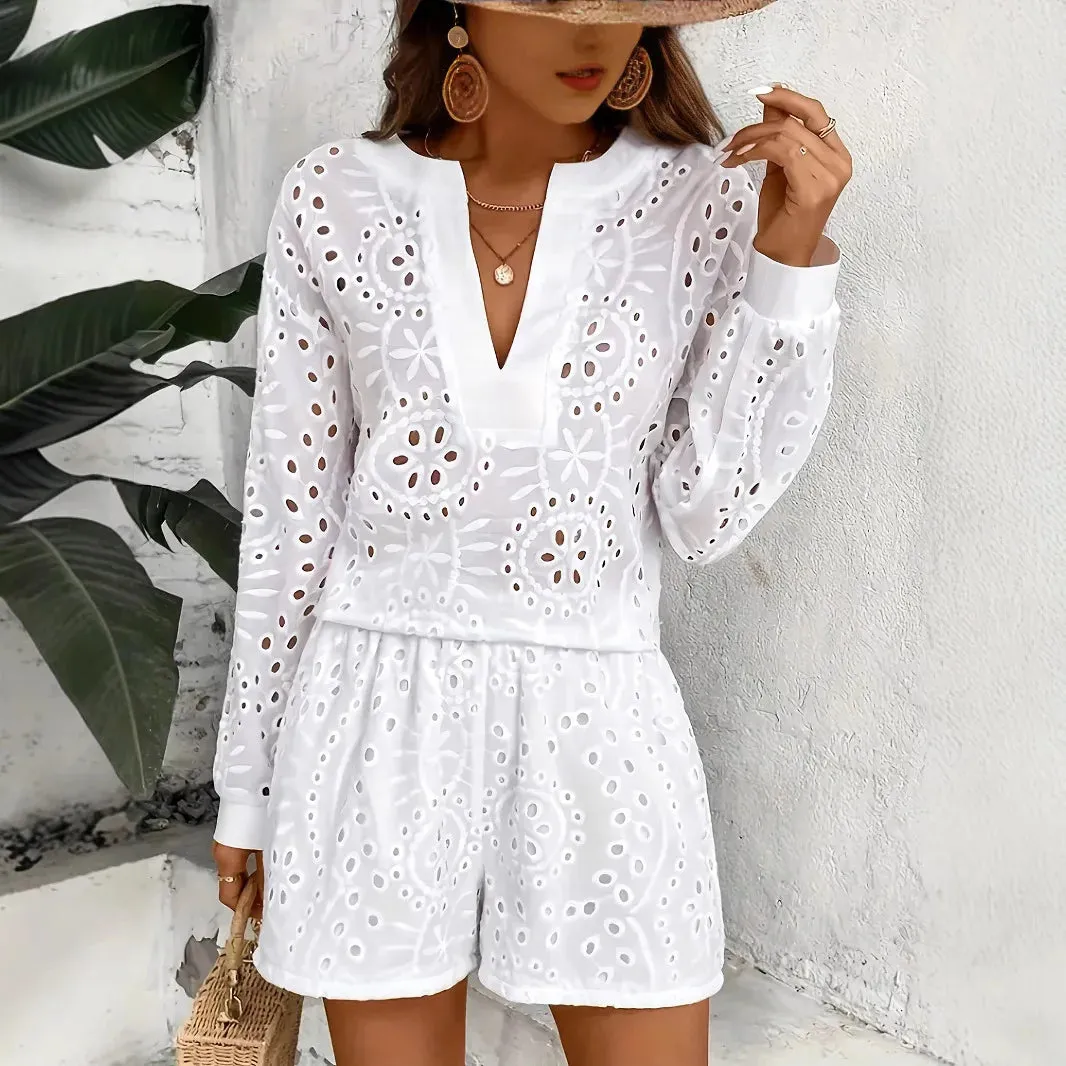 Hollow Out Broderie Anglaise 2 Piece Co-ord Set Blouse and Shorts sold by eAura product image thumbnail 4