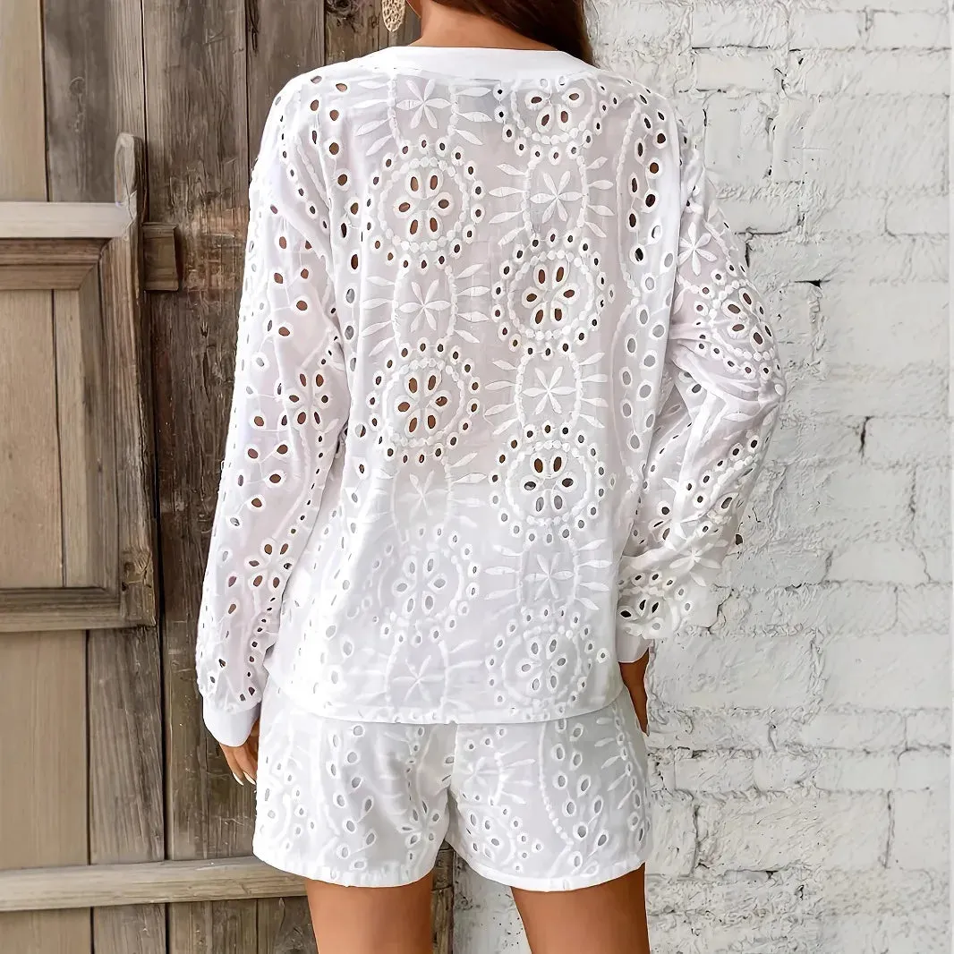 Hollow Out Broderie Anglaise 2 Piece Co-ord Set Blouse and Shorts sold by eAura product image thumbnail 2