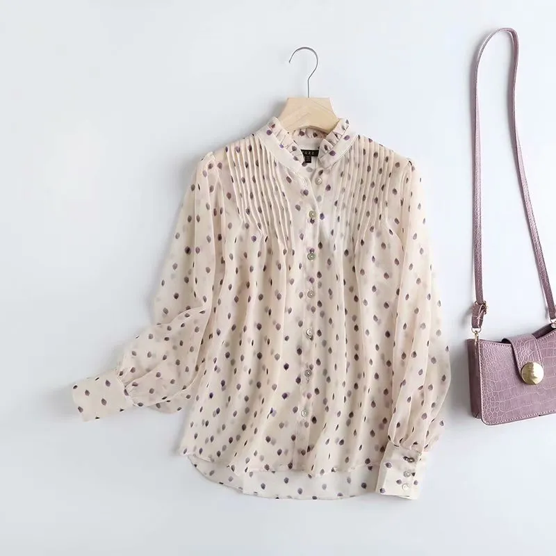 Chiffon Polka Dot Print Blouse Turn-Down Collar sold by eAura