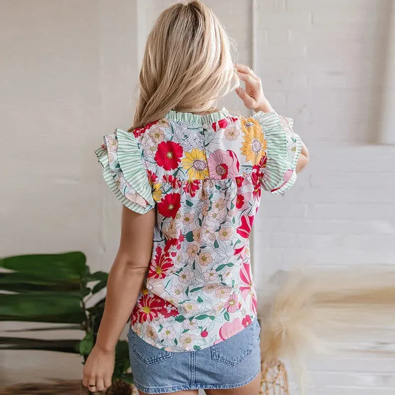 Floral Print Chiffon Blouse Cap Ruffle Sleeves sold by eAura product image thumbnail 2