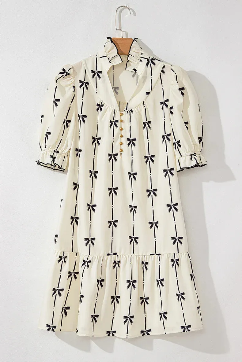 Ruffle Sleeve Short Dress Bow Print sold by eAura product image thumbnail 5