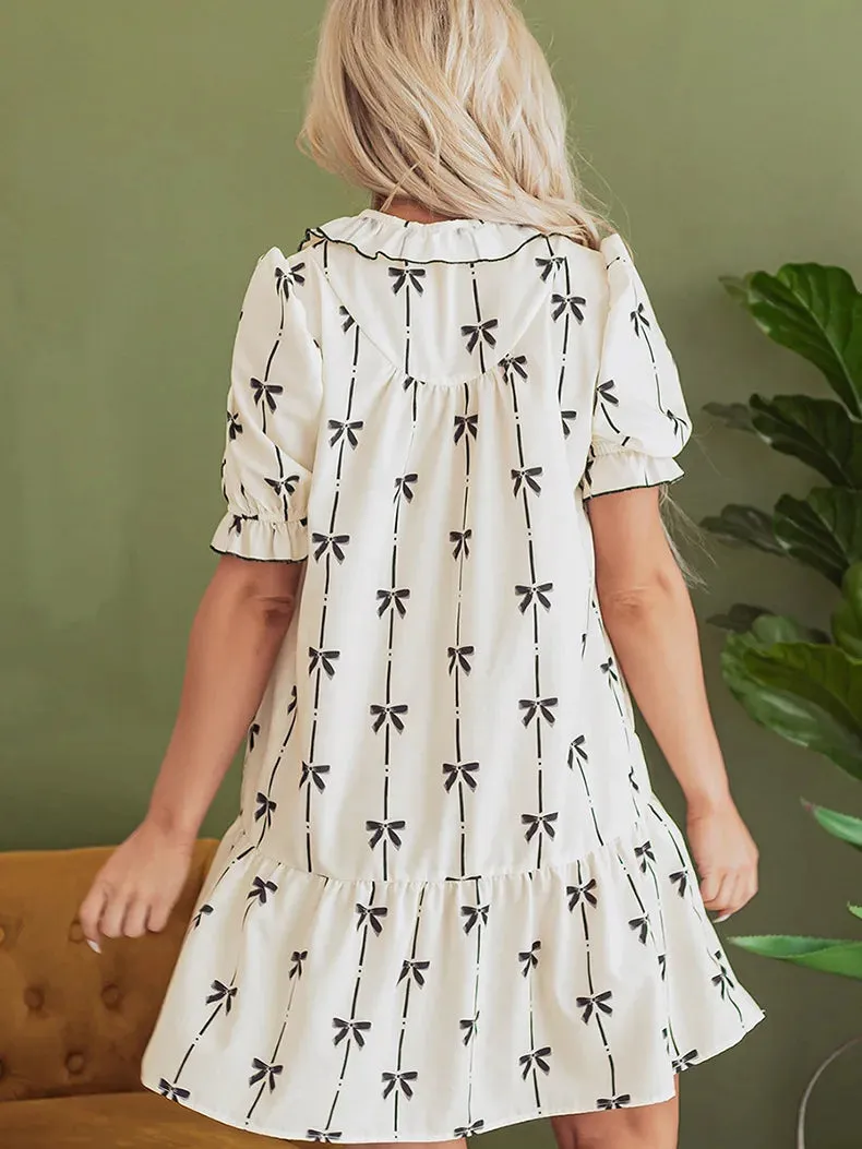 Ruffle Sleeve Short Dress Bow Print sold by eAura product image thumbnail 4