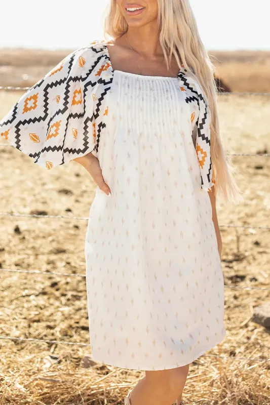 Square Neck Smock Short Dress Geometric Print sold by eAura