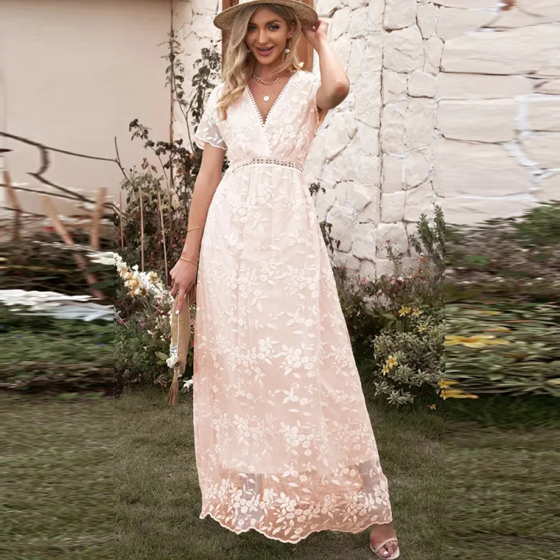 V-Neck Short Sleeve Lace Maxi Dress sold by eAura
