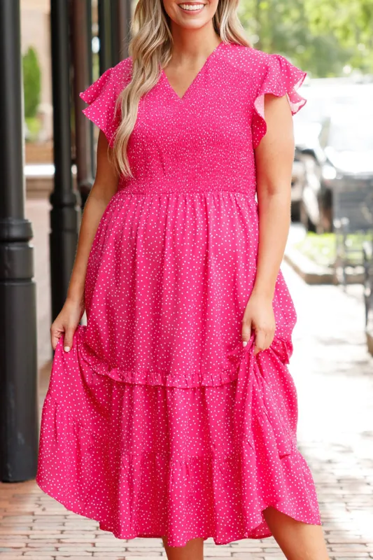 Rose Polka Dot Print Ruffle Smocked Plus Midi Dress sold by eAura