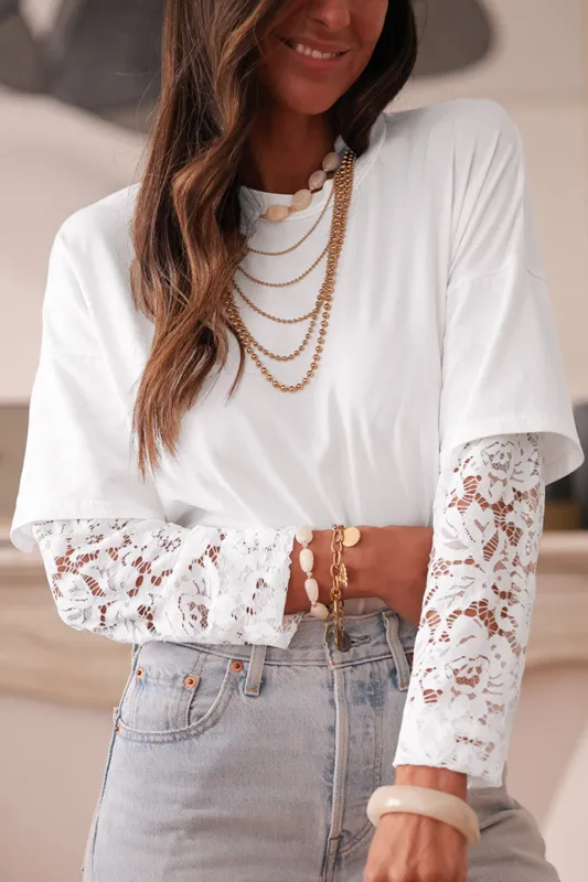 White Lace Long Sleeve Insert Drop Shoulder Tee sold by eAura