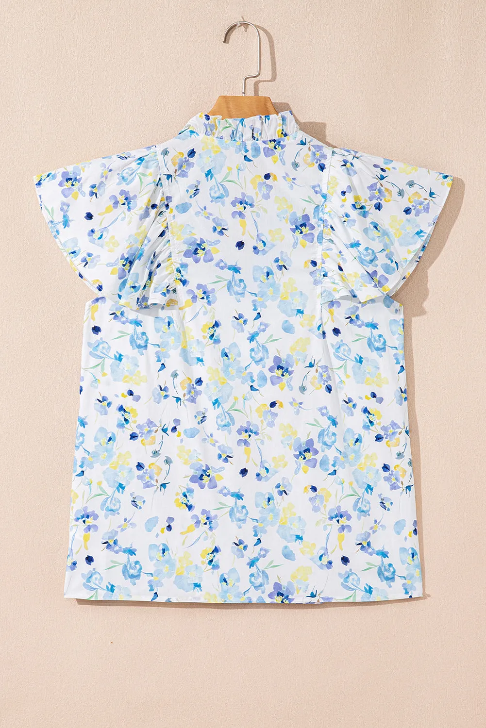 Sky Blue Floral Print Frilled Notched V-Neck Blouse sold by eAura product image thumbnail 4
